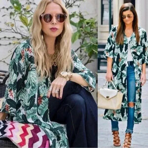 Rachel Zoe Swim Cover-Up Kimono Duster Tropical Palm Leaf Open Front  One Size